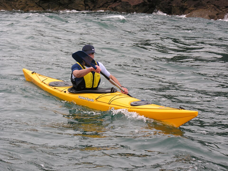 Aerial view of two kayaks on dark water